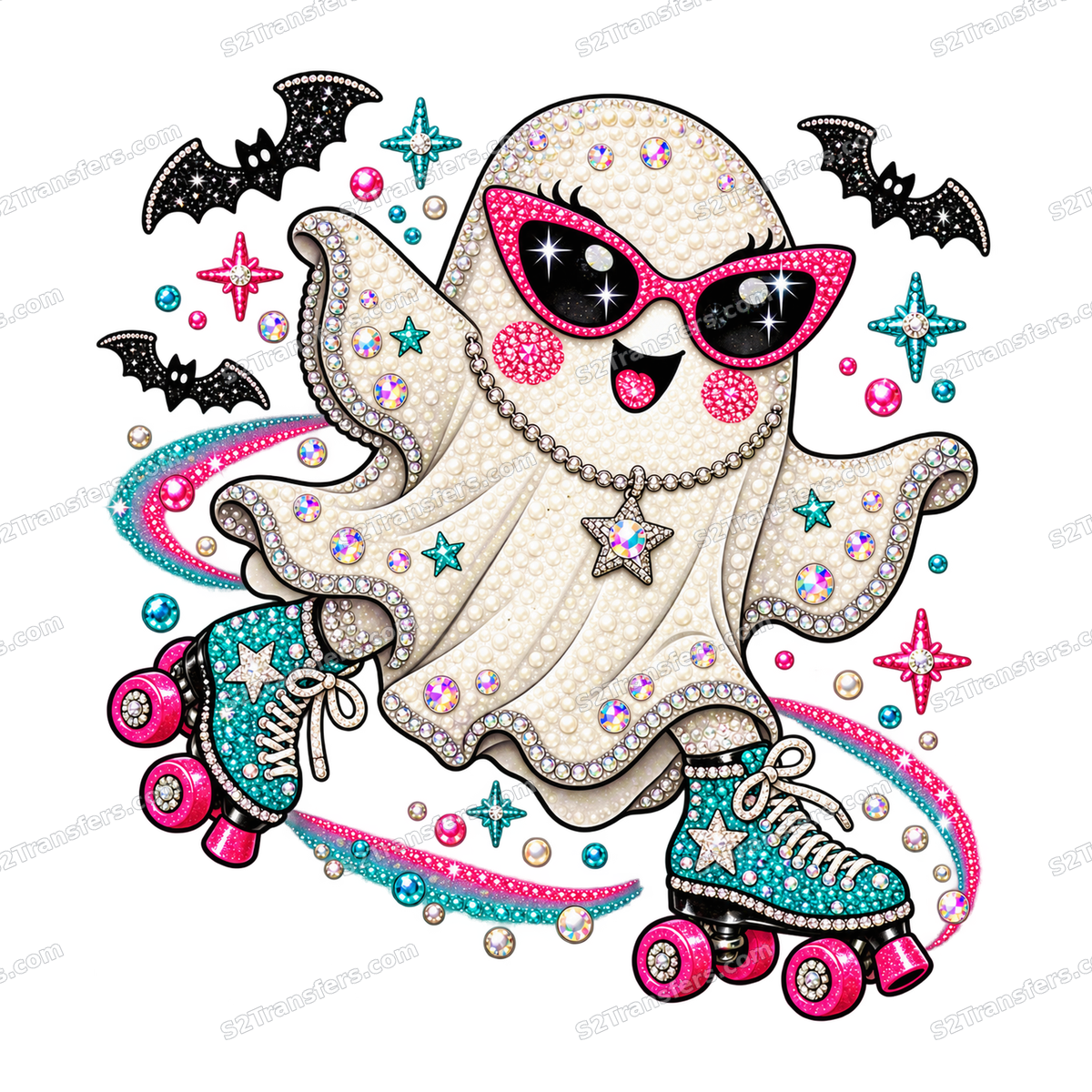 Jeweled Roller Glam Ghost DTF transfer artwork shown on white with S2Transfers.com watermarks