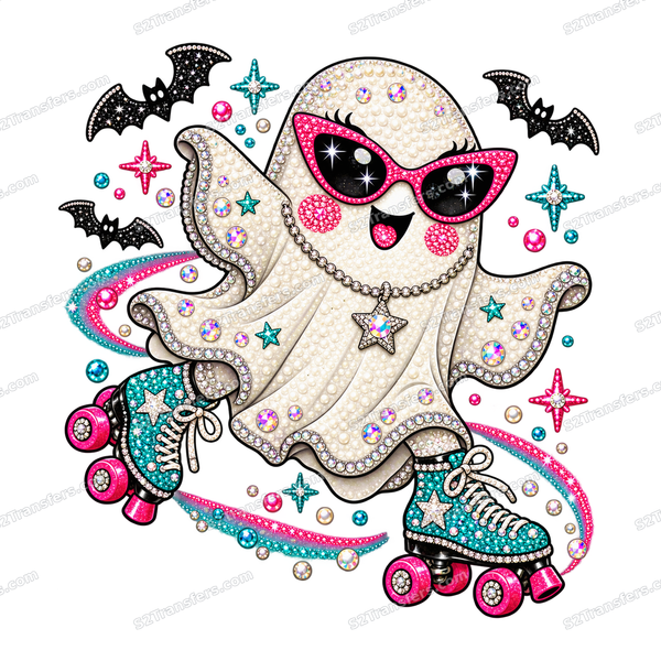Jeweled Roller Glam Ghost DTF transfer artwork shown on white with S2Transfers.com watermarks