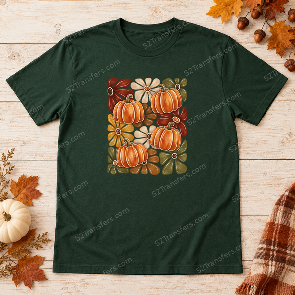Retro Autumn Pumpkins and Daisies flatlay preview