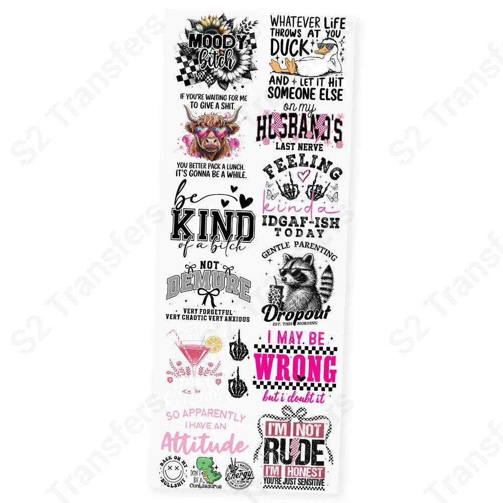 Sarcasm & Sass Premade DTF Transfer Gangsheet - 22’’ x 60’’ Premade DTF Gang Sheet