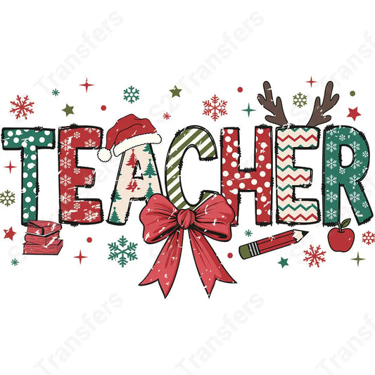 Teacher Christmas Doodle Bow Retro - DTF Transfer DTF Transfer