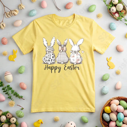 Three Rustic Bunnies Happy Easter - DTF Transfer DTF Transfer