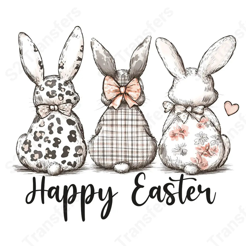 Three Rustic Bunnies Happy Easter - DTF Transfer DTF Transfer