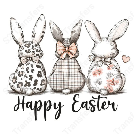 Three Rustic Bunnies Happy Easter - DTF Transfer DTF Transfer