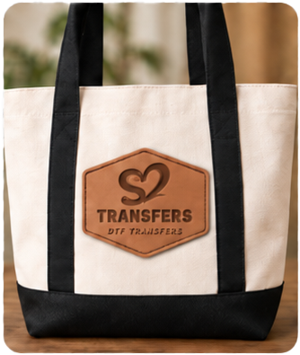 Custom leatherette patch on a tote bag