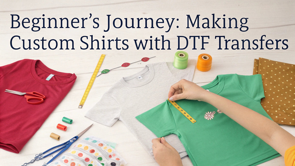 Beginner's Journey Making Custom Shirts with DTF Transfers article header featuring red, gray and green blank t-shirts laid flat with measuring tape, scissors, thread spools and craft supplies