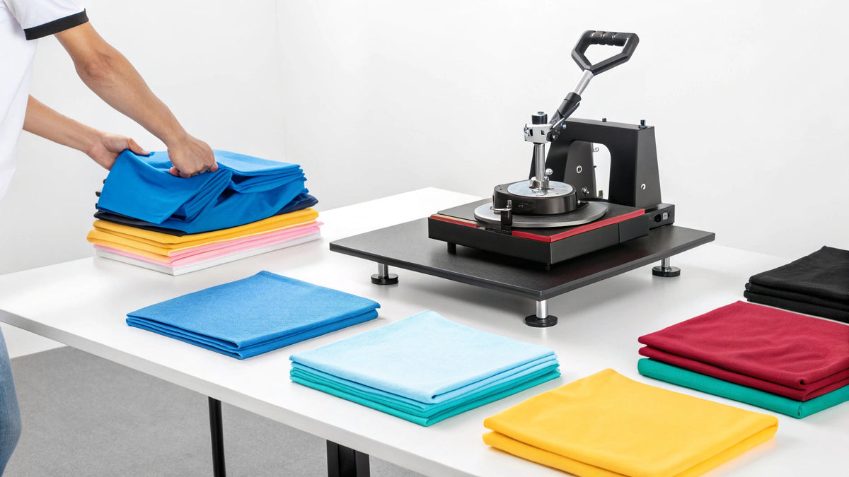 How to Heat Press DTF Transfers article header featuring a heat press machine surrounded by neatly folded blue, yellow, pink, red and teal blank t-shirts ready for DTF transfer application