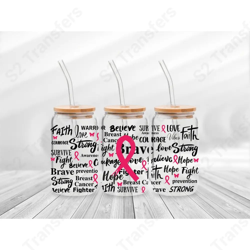 16 Oz Breast Cancer Awareness Words Cup Wrap - UV DTF Transfer UV DTF Cup Wrap
