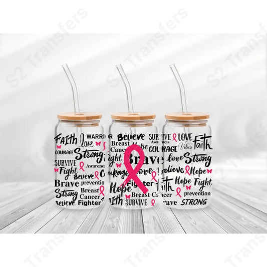 16 Oz Breast Cancer Awareness Words Cup Wrap - UV DTF Transfer UV DTF Cup Wrap