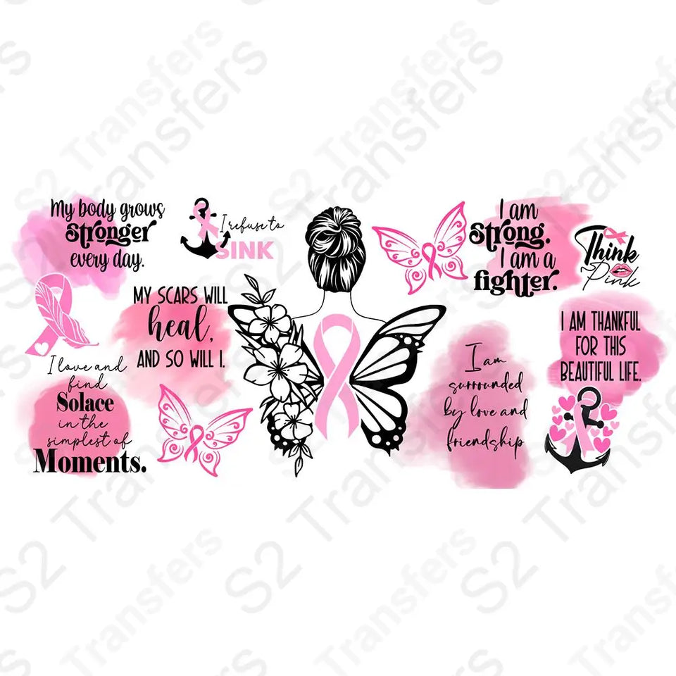 16 Oz Breast Cancer Butterfly Cup Wrap - UV DTF Transfer