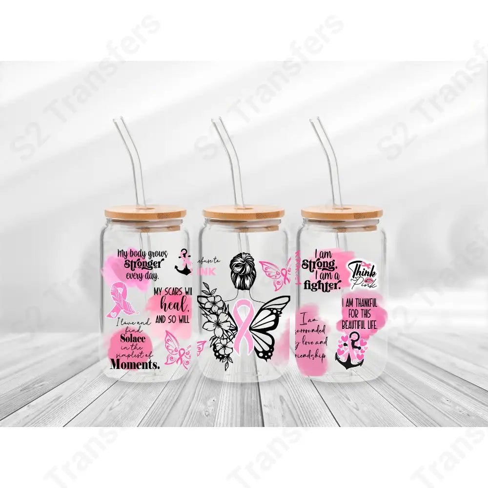 16 Oz Breast Cancer Butterfly Cup Wrap - UV DTF Transfer UV DTF Cup Wrap