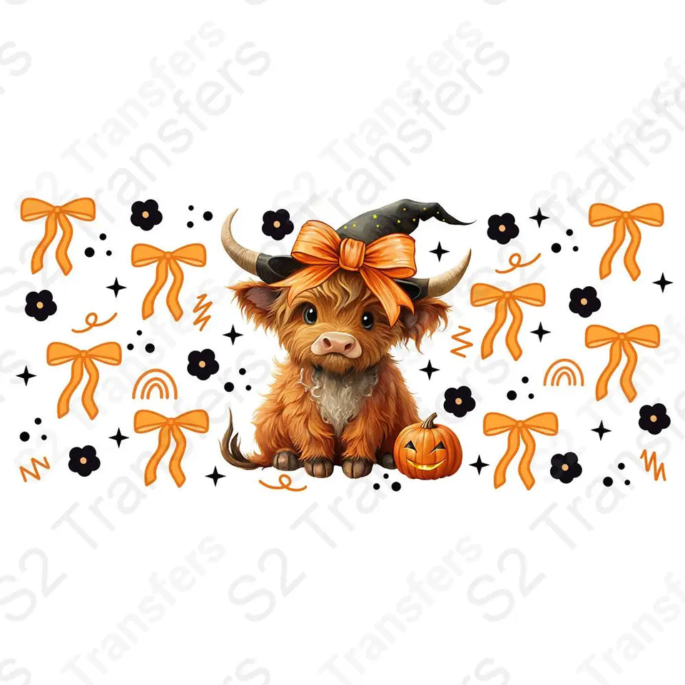 16 Oz Highland Cow Halloween Coquette Cup Wrap - UV DTF Transfer