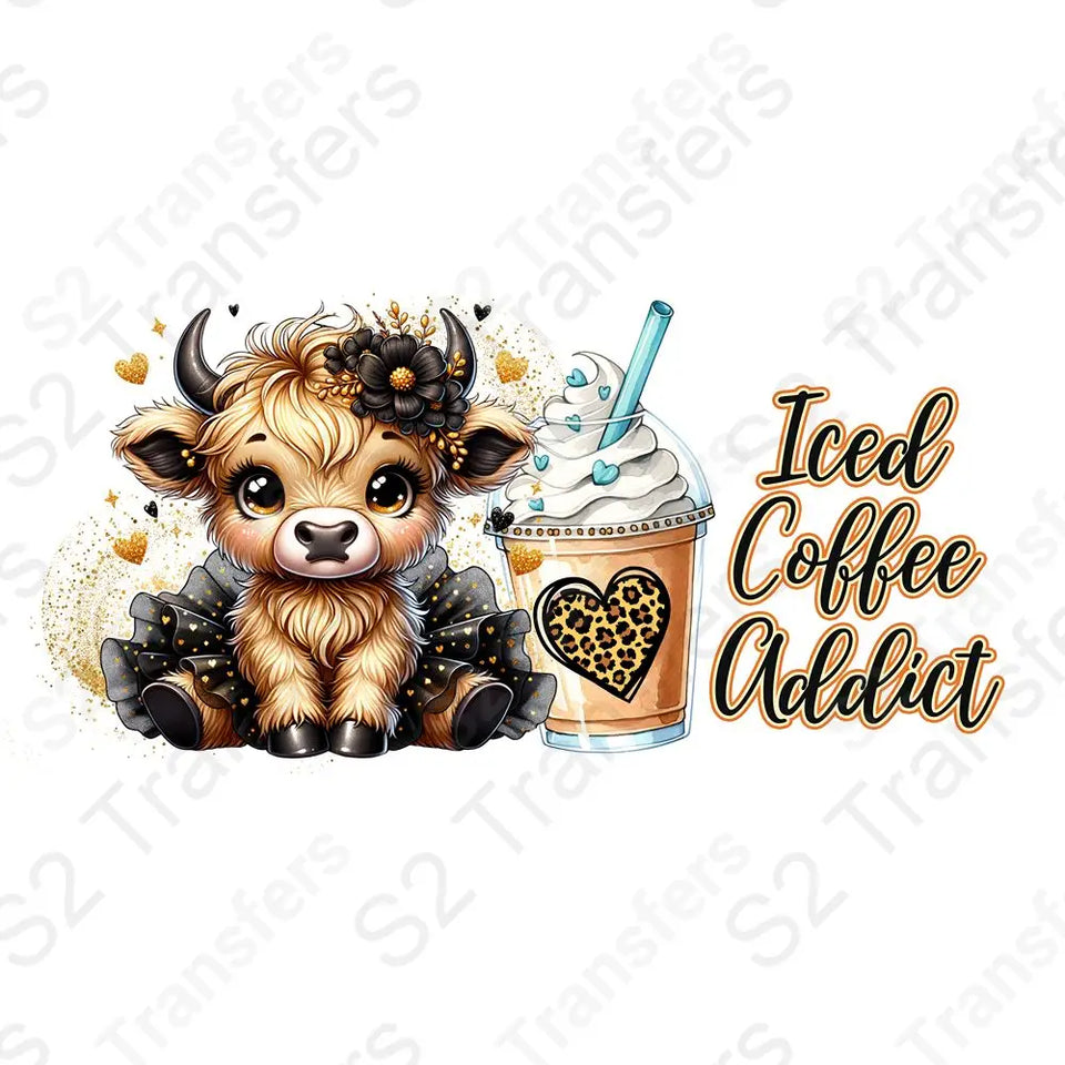 16 Oz Iced Coffee Addict Cheetah Highland Cup Wrap - UV DTF Transfer