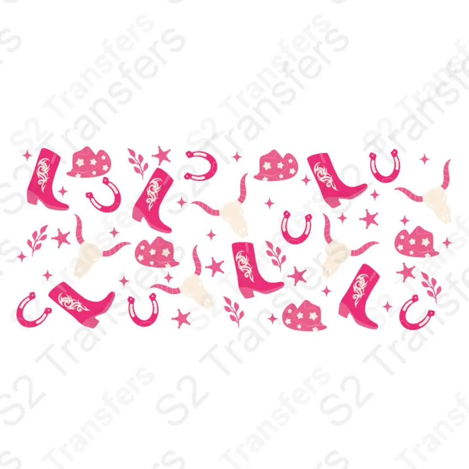 16 Oz Pink Western Symbols Cup Wrap - UV DTF Transfer
