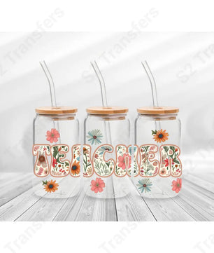 16 Oz Retro Teacher Floral Cup Wrap - UV DTF Transfer UV DTF Cup Wrap
