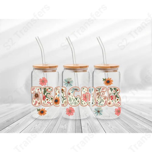 16 Oz Retro Teacher Floral Cup Wrap - UV DTF Transfer UV DTF Cup Wrap
