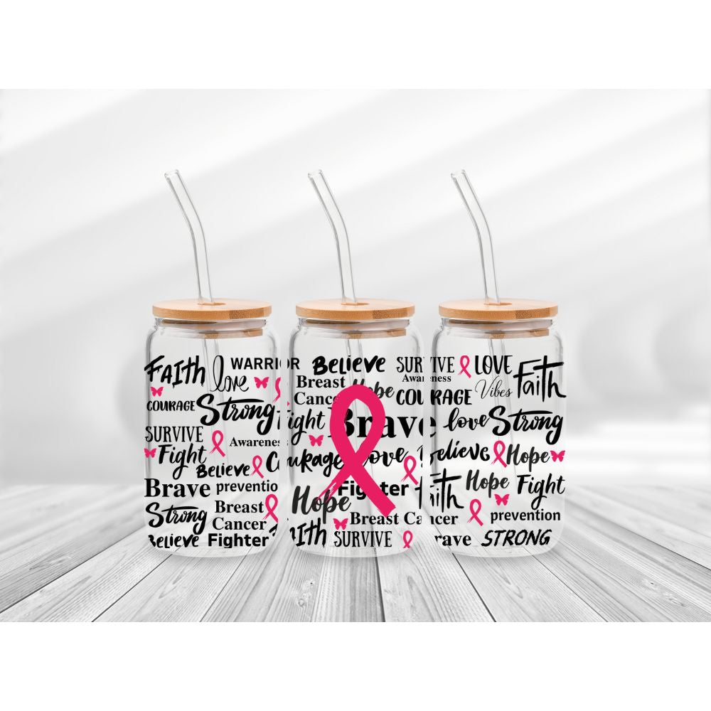 16 Oz Breast Cancer Awareness Words Cup Wrap - UV DTF Transfer