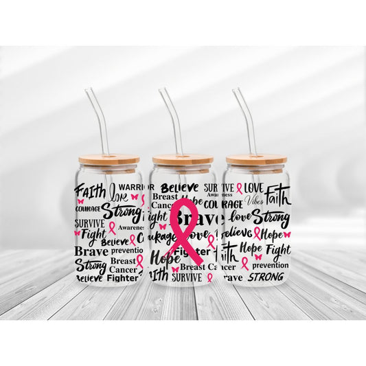16 Oz Breast Cancer Awareness Words Cup Wrap - UV DTF Transfer