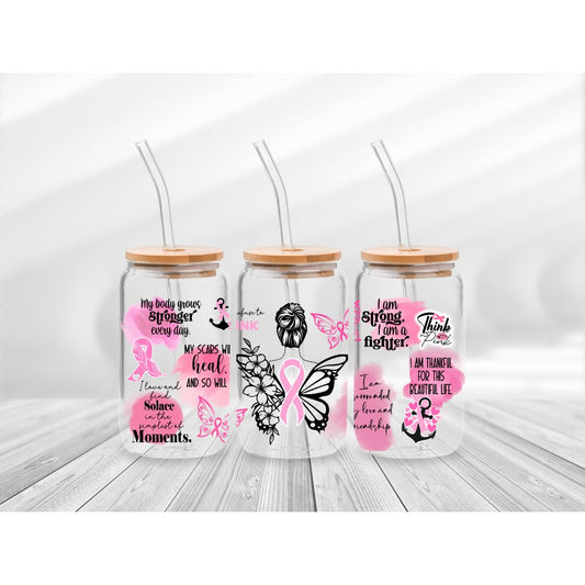 16 Oz Breast Cancer Butterfly Cup Wrap - UV DTF Transfer