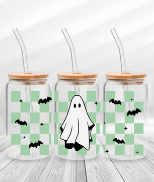 16 Oz Checkered Green Ghost Cup Wrap - UV DTF Transfer