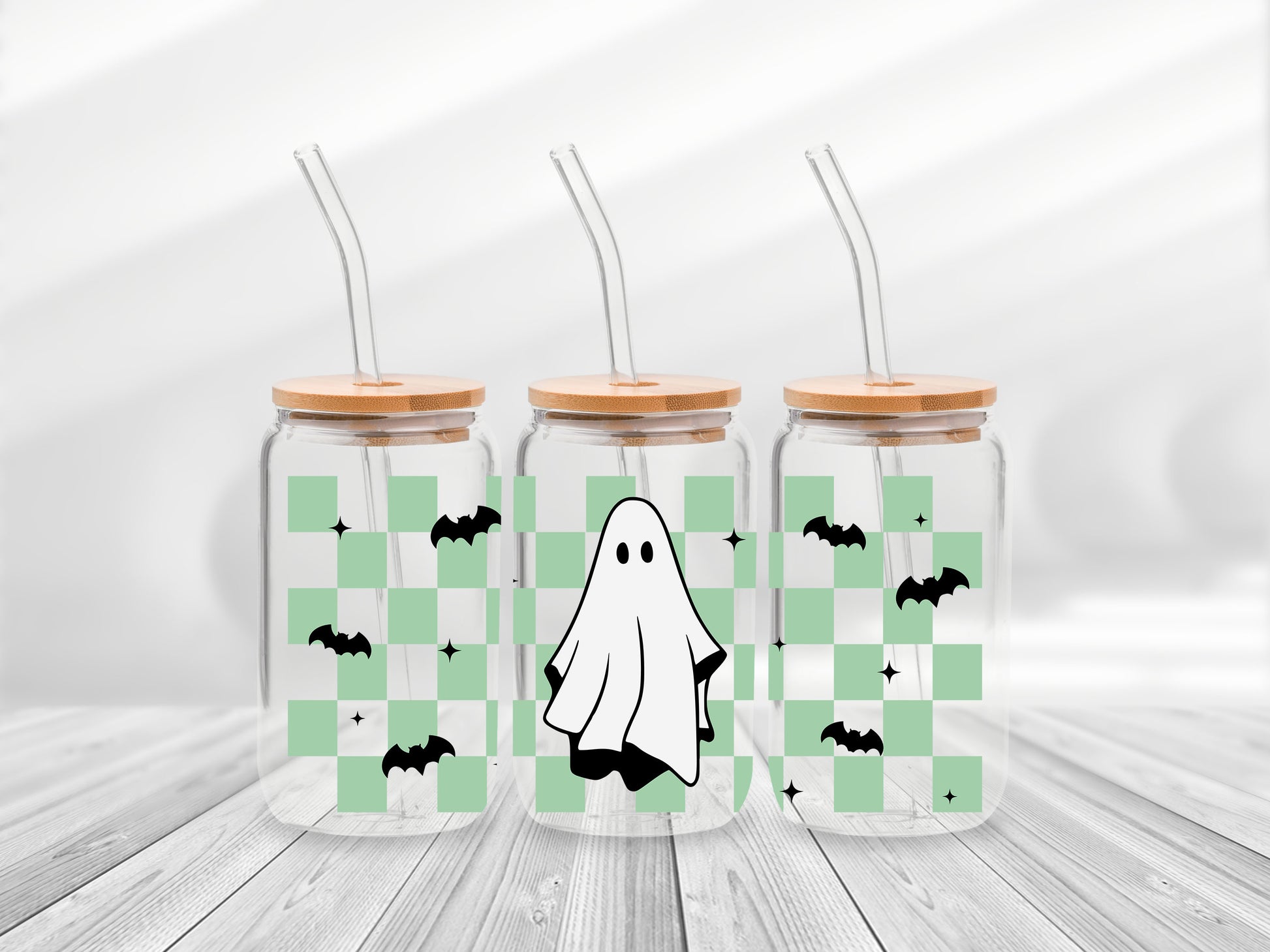 16 Oz Checkered Green Ghost Cup Wrap - UV DTF Transfer