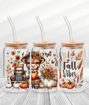 16 Oz Fall Vibes Highland Cow Cup Wrap - UV DTF Transfer