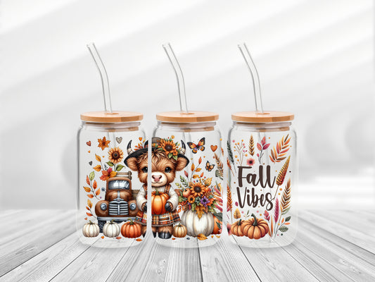 16 Oz Fall Vibes Highland Cow Cup Wrap - UV DTF Transfer