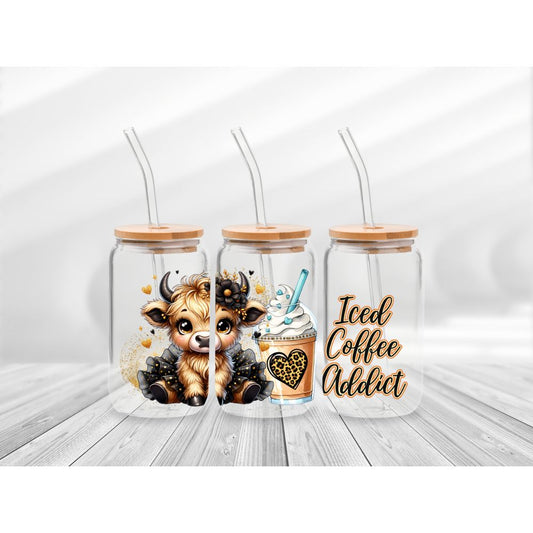 16 Oz Iced Coffee Addict Cheetah Highland Cup Wrap - UV DTF Transfer