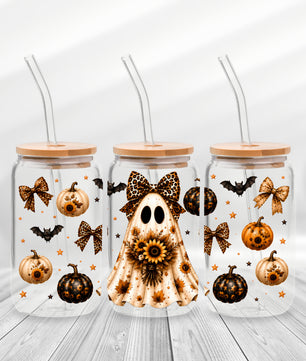 16 Oz Sunflower Leopard Ghost Cup Wrap - UV DTF Transfer