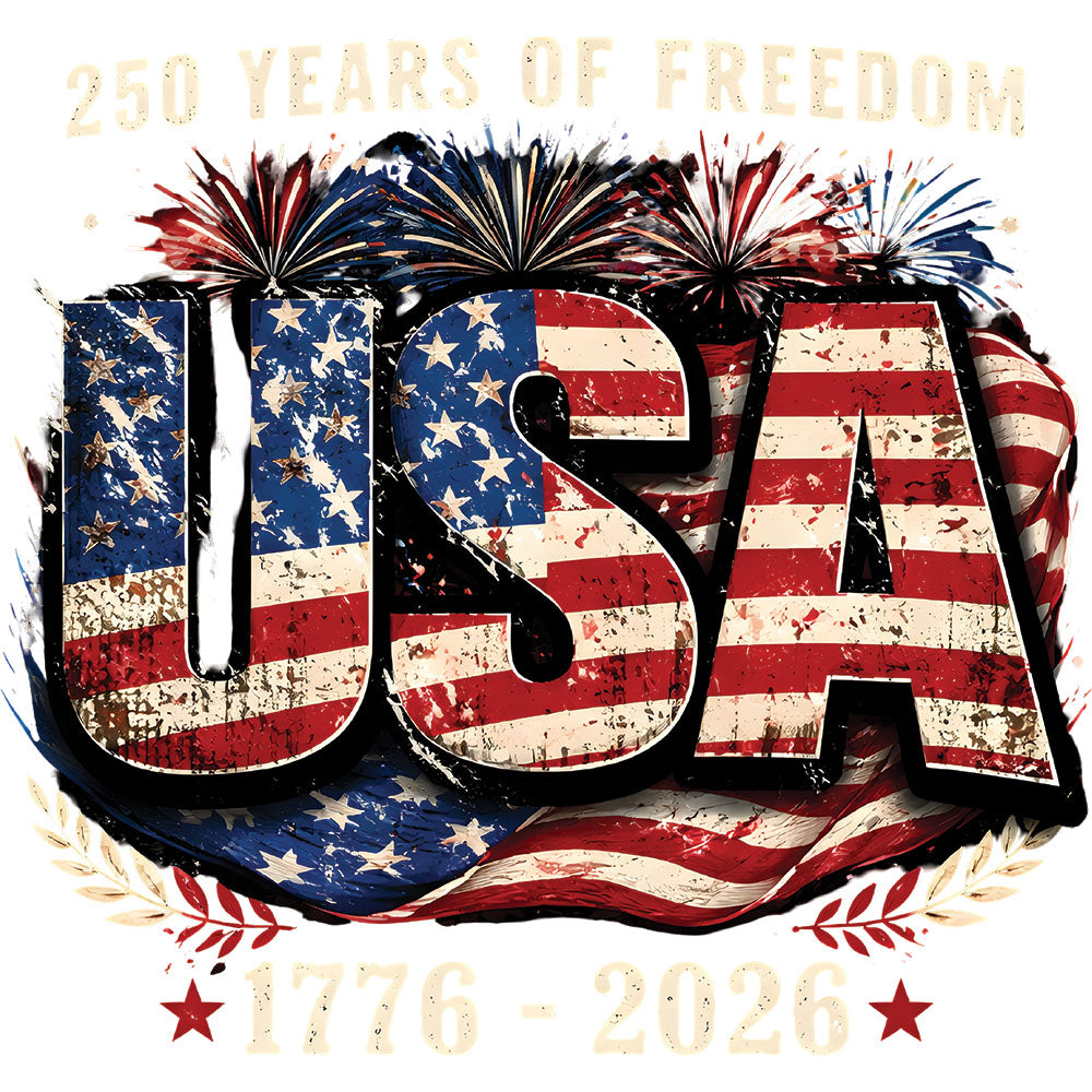 250 Y.O.F USA Vibrant DTF transfer design featuring bold three-dimensional USA letters in red white and blue stars and stripes with fireworks and 250 Years of Freedom