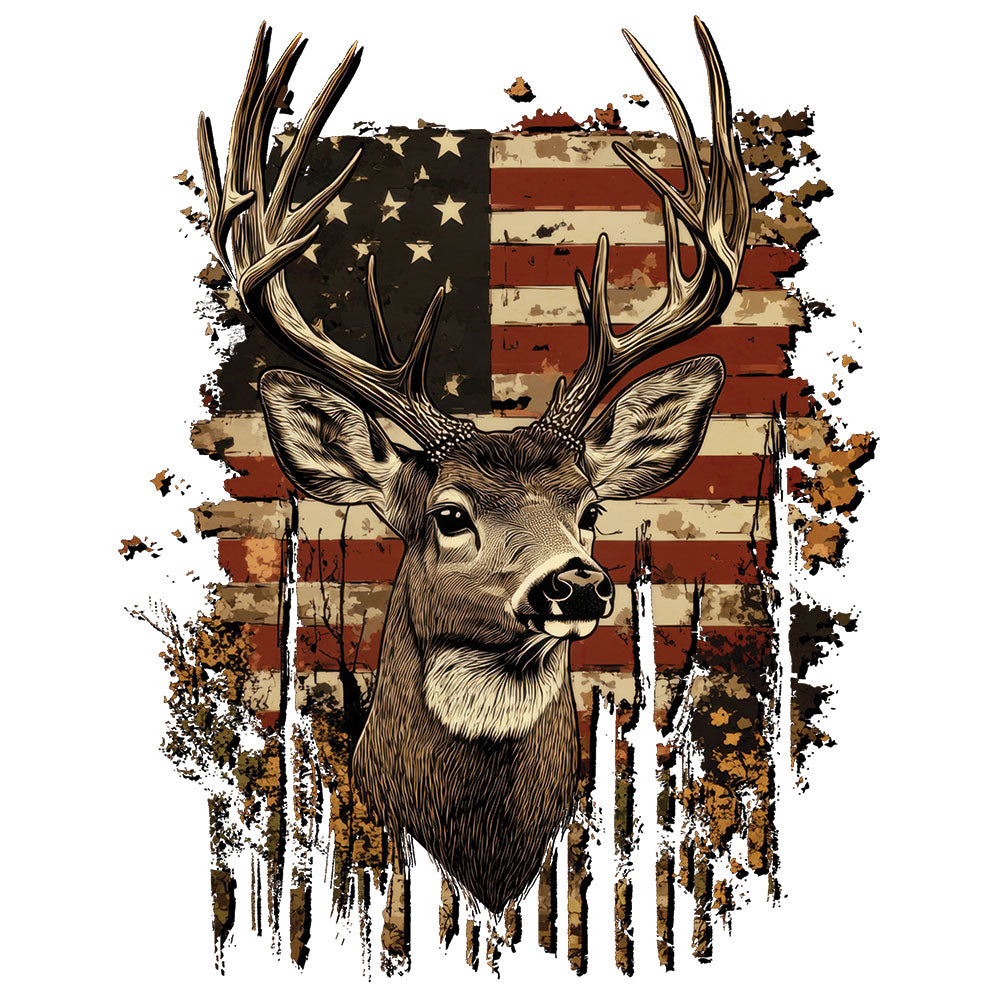 American Flag Buck DTF transfer design featuring a buck deer portrait set against a distressed American flag with bullet shells dripping below the antlers