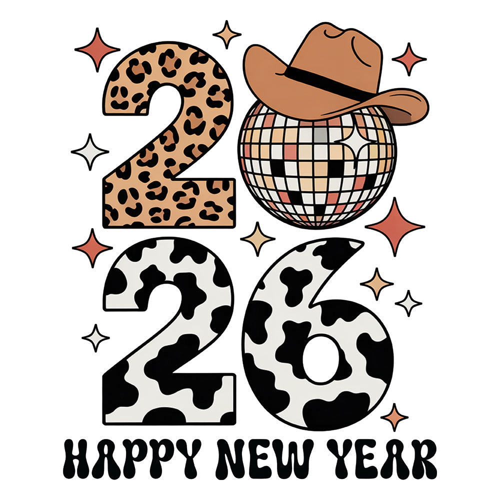 Animal Print 2026 DTF transfer design featuring leopard and cow print 2026 numbers with a brown cowboy hat, disco ball and Happy New Year text