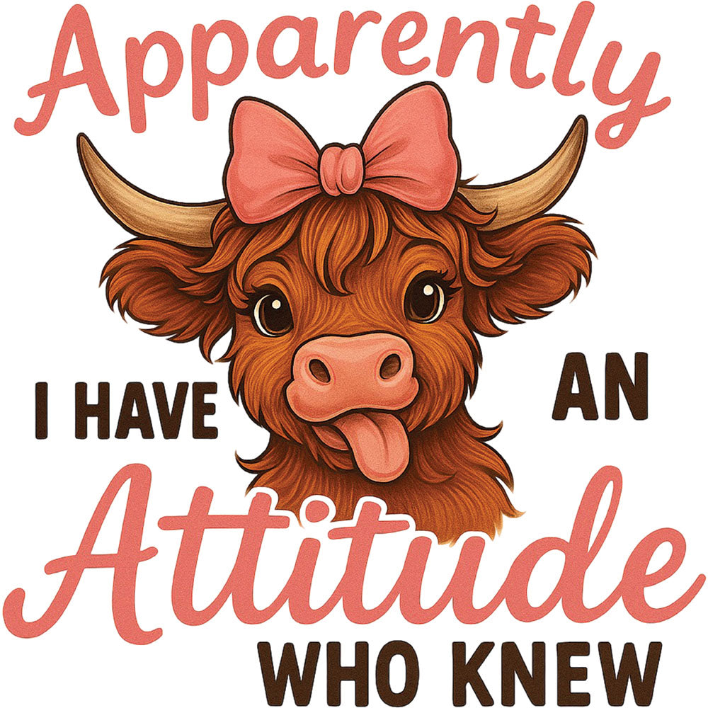 Apparently I Have An Attitude Highland Cow DTF transfer design featuring a brown highland cow with pink bow sticking its tongue out with Apparently I Have An Attitude Who Knew text