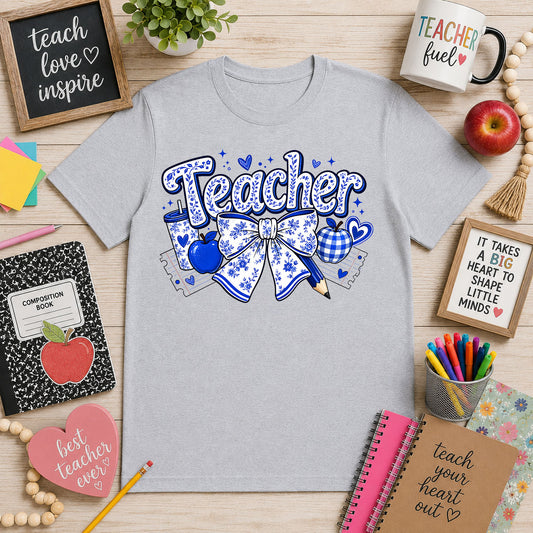 Blue Floral Teacher Bow – DTF Transfer