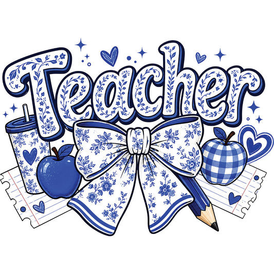 Blue Floral Teacher Bow – DTF Transfer
