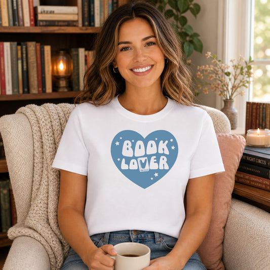 Book Lover Heart DTF transfer mockup on a t-shirt featuring a blue heart with Book Lover text, stars, and an open book