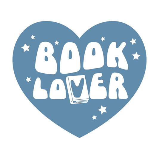 Book Lover Heart DTF transfer design featuring a soft blue heart shape with white bubble letter Book Lover text inside accented by small white stars and a tiny open book