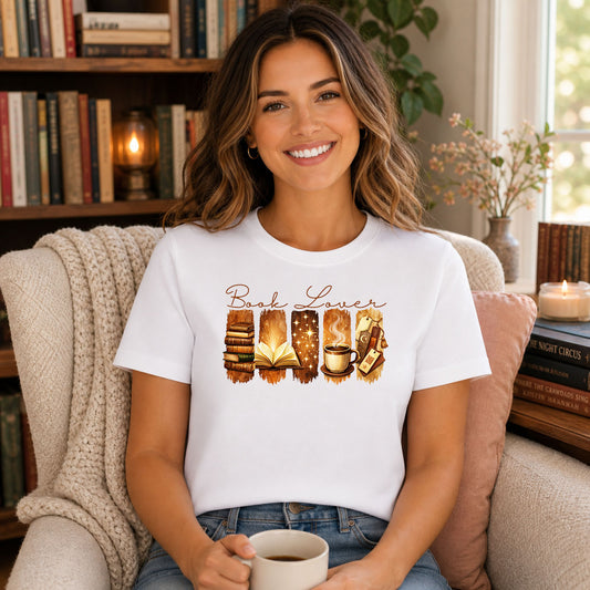 Book Lover Quartet DTF transfer design mockup on a t-shirt featuring four book-themed vignettes with open book, candle and coffee accented by Book Lover script