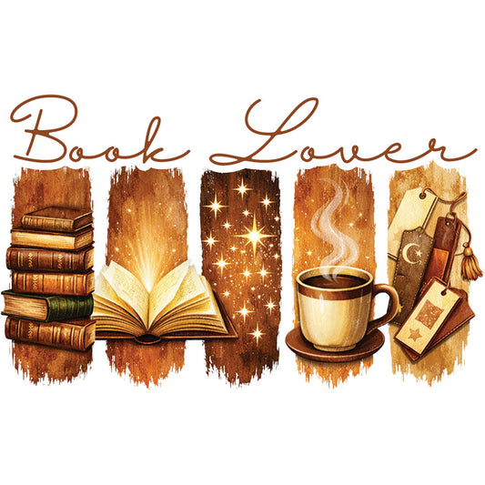 Book Lover Quartet DTF transfer design featuring four book-themed scenes including open book, candle, coffee and bookmarks with Book Lover script