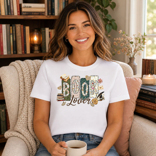 Book Lover Retro DTF transfer design mockup on a t-shirt featuring Coffee and Books retro stacked typography with vintage book and coffee illustrations