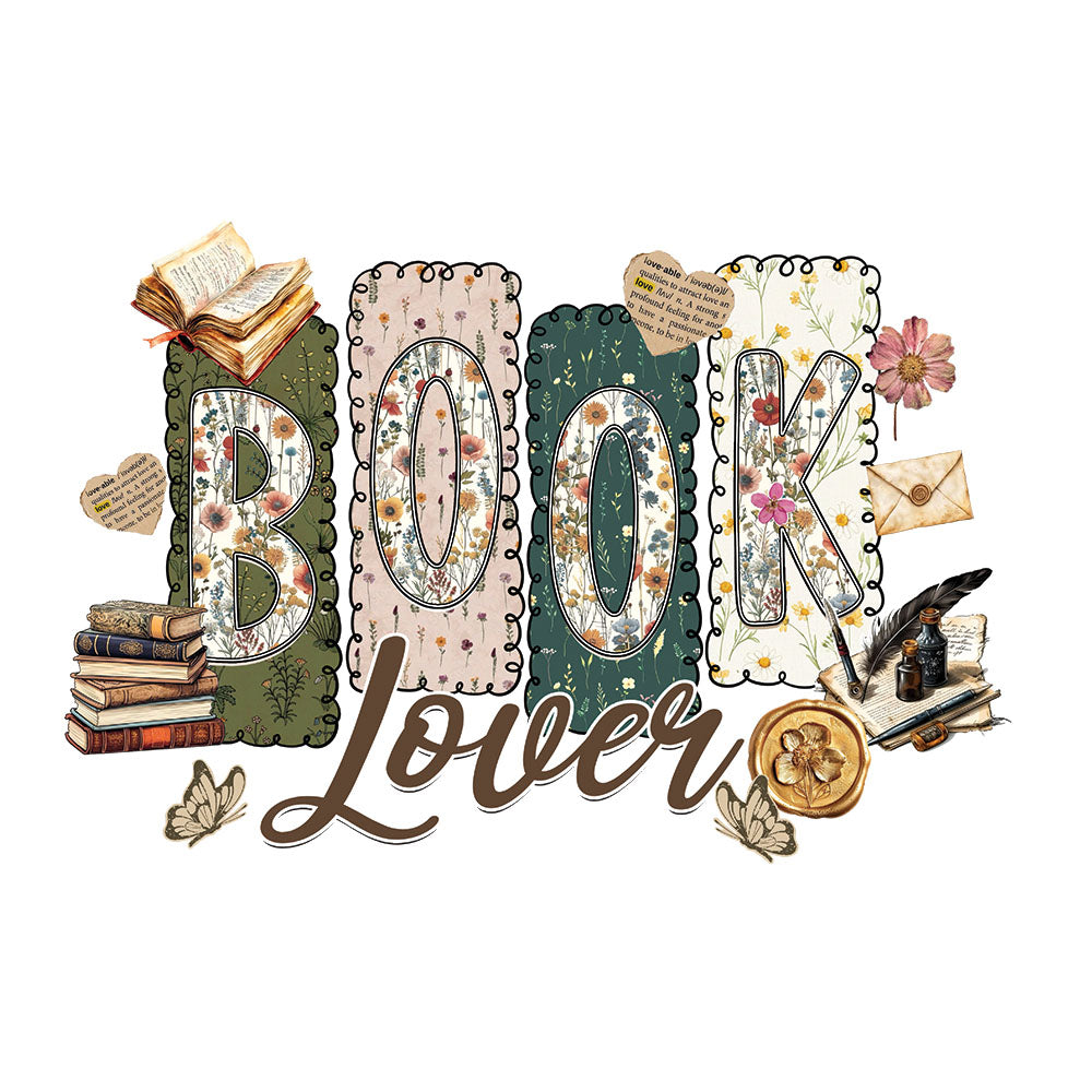 Book Lover Retro DTF transfer design featuring Coffee and Books retro stacked text with vintage book and coffee illustrations in warm tones