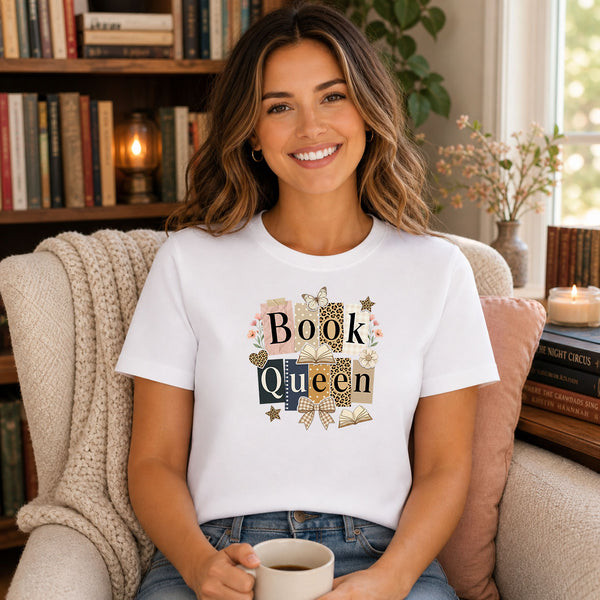Book Queen DTF transfer design mockup on a t-shirt featuring a stack of books with leopard print covers, floral accents and a bow with Book Queen typography