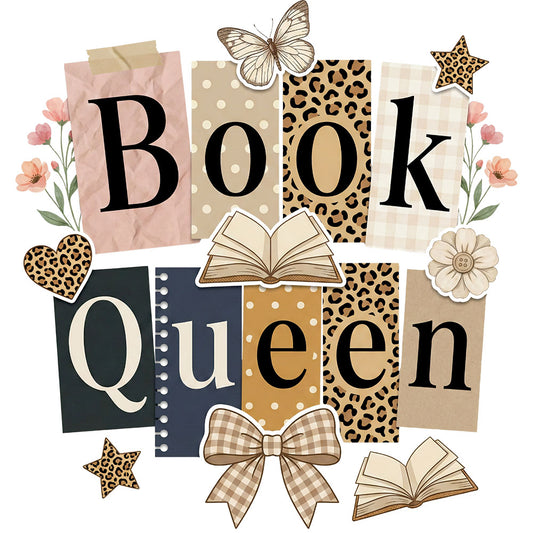 Book Queen DTF transfer design featuring a stack of leopard print books with floral accents, butterfly and a bow with Book Queen typography
