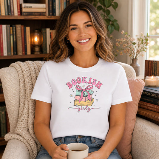 Bookish Girly DTF transfer design mockup on a t-shirt featuring small Book Club Babes badges with Bookish Girly floral pink accents