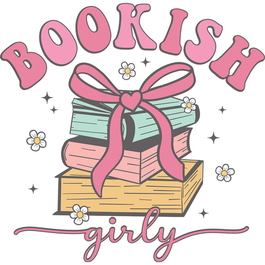 Bookish Girly DTF transfer design featuring small Book Club Babes badges with floral Bookish Girly accents in pink and peach tones