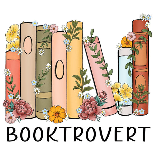Booktrovert DTF transfer design featuring a row of vintage standing books with floral details and bold BOOKTROVERT typography below