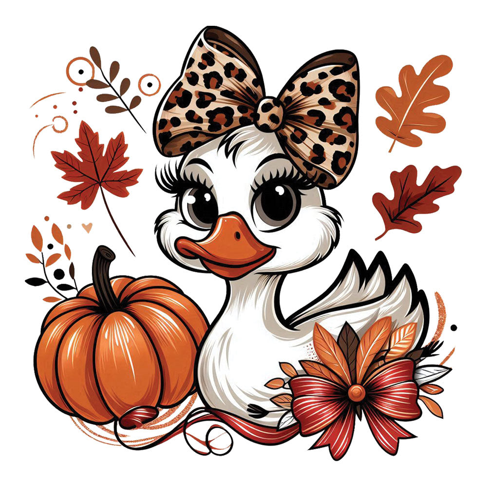 Boujee Fall Goose DTF transfer design featuring a cute cartoon white goose with leopard print bow surrounded by fall foliage and orange pumpkin