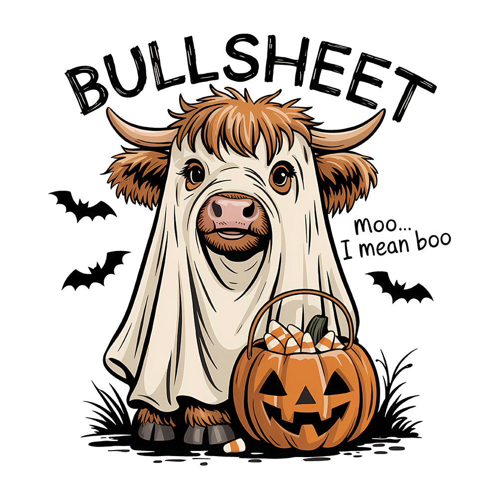 Bullsheet DTF transfer design featuring a highland cow dressed as a ghost holding a jack-o-lantern candy bucket with BULLSHEET typography and moo I mean boo dialogue with bats