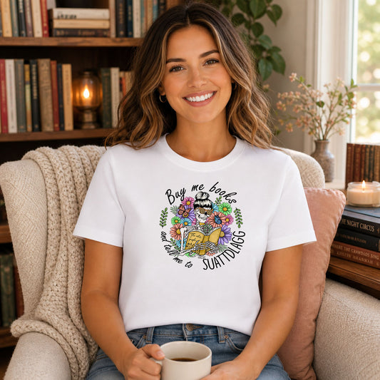 Buy Me Books Flower Skeleton DTF transfer mockup on a t-shirt featuring a flower-surrounded skeleton reading a book