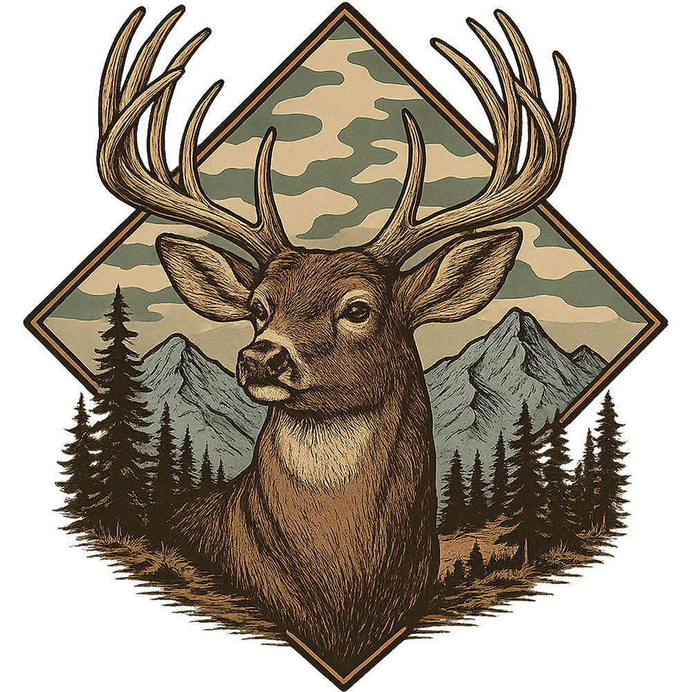 Camo Buck DTF transfer design featuring a majestic buck deer with large antlers inside a diamond camouflage frame with pine mountain landscape backdrop